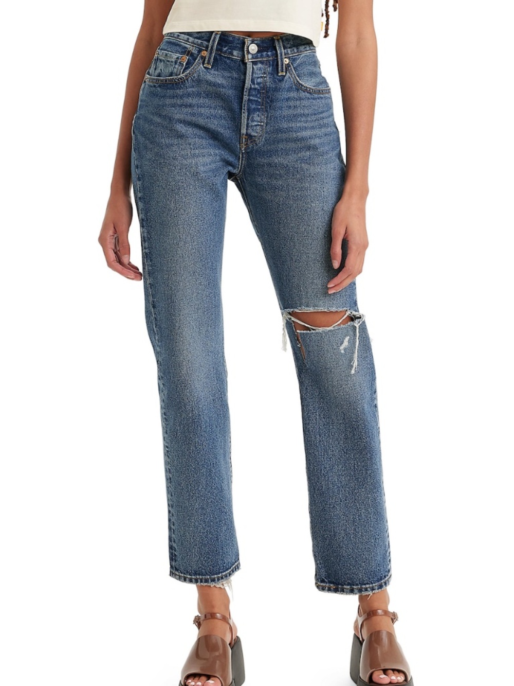 Levi's 501 Ripped High Waist Straight Leg Jeans - Medium Dark Wash - 27W x 30L